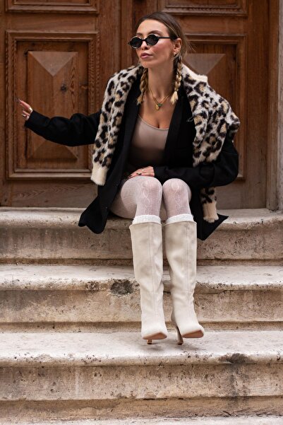 FSKOMBİN Bino Beige Suede Genuine Leather Women's Heeled Boots