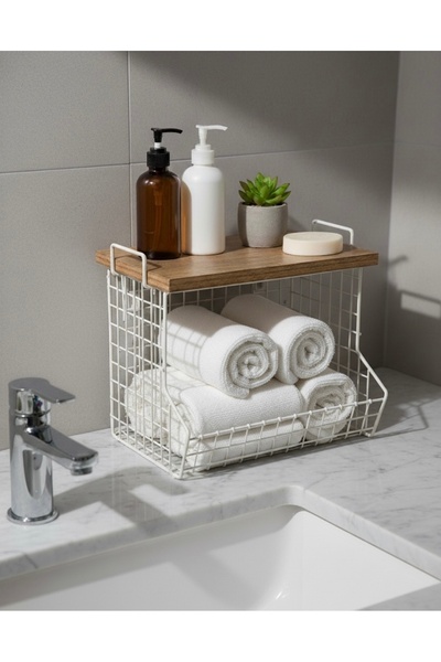 özmert منظم للحمام والمطبخ مع رف خشبي علوي وسلة بيضاء