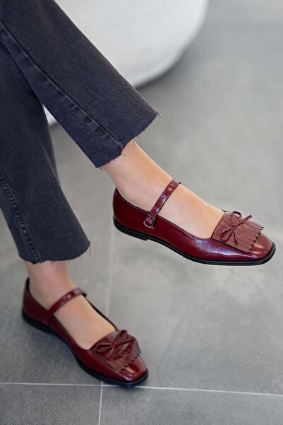 Parponi Tim Women's Genuine Leather Wrinkled Patent Leather Ballerinas Burgundy