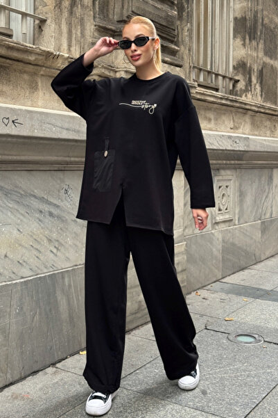 Chiccy Black Round Neck Long Sleeve Pocket Printed Elastic Waist Two Thread Knitted Bottom Top Suit 70-105 65-68