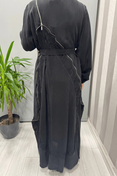 MissWhence Embroidery and Zipper Detailed Cupra Silk Dress Black 37800