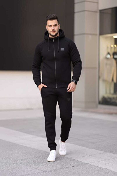 Fors Life Ανδρικό σετ φόρμας K με κουκούλα με φλις εσωτερικά, άνετο, μαύρο