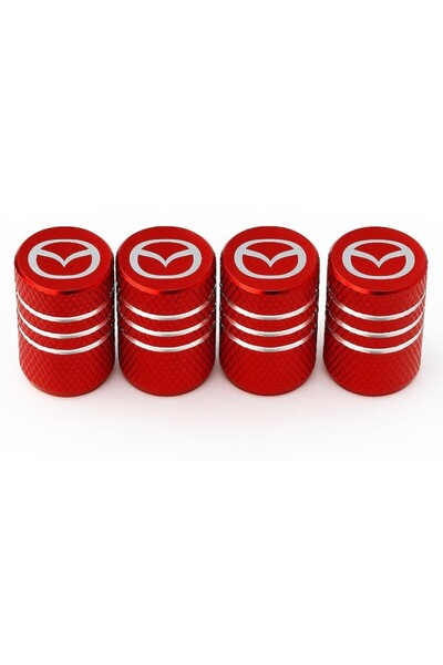 Mazda Set of 4 Valve Caps – Red Anodized Aluminum, White Emblem