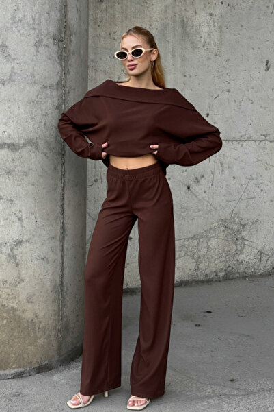 Chiccy Brown Turn-Down Collar Long Sleeve Elastic Waist Wide Leg Velvet Knitted Bottom Top Set 70-105 65-68