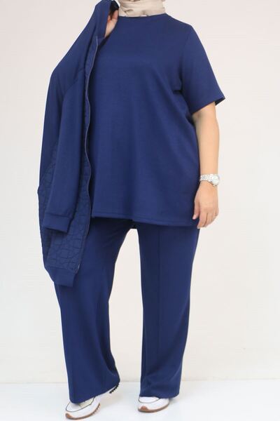 Eslina 57304 Plus Size Modal-Quilted Three-Piece Set with Jacket - Indigo-Indigo