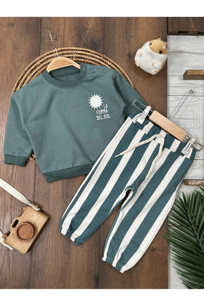 Bolly Baby Striped Embroidered Snap-Shoulder 2-Piece Baby Boy/Child Set
