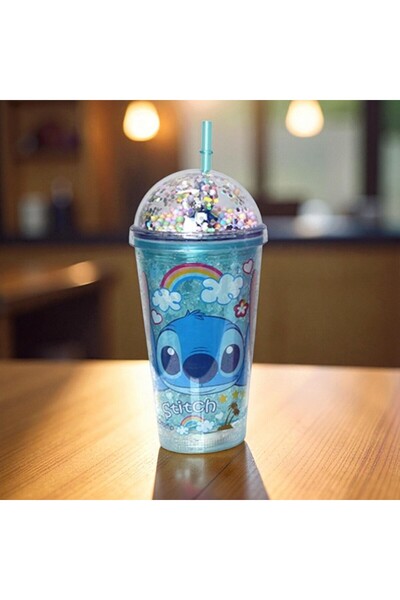 Kuzey Tacı Sevimli Stitch ve Angel Simli Buz Hazneli Pipetli Bardak Suluk Vip