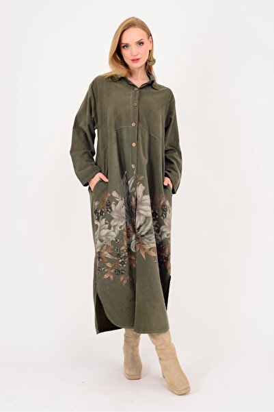 Park Moda 10974 ROCHIE CĂMĂȘĂ DE CATIFELĂ CU MODEL FLORAL LOVA