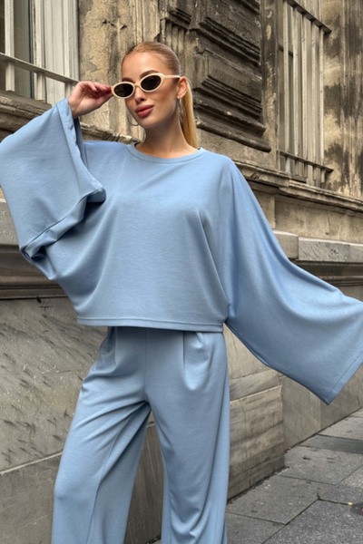 Chiccy Light Blue Pool Collar Wide Sleeve Elastic Waist Wide Leg Oversized Knitted Bottom Top Set 65-105 65-68