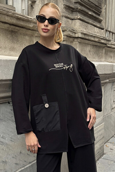 Chiccy Black Round Neck Long Sleeve Pocket Printed Elastic Waist Two Thread Knitted Bottom Top Suit 70-105 65-68