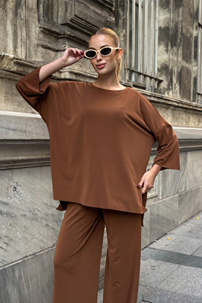 Chiccy Cinnamon Color Boat Neck 3/4 Sleeve Pocketed Elastic Waist Wide Leg Knitted Bottom Top Set 70-105 65-68