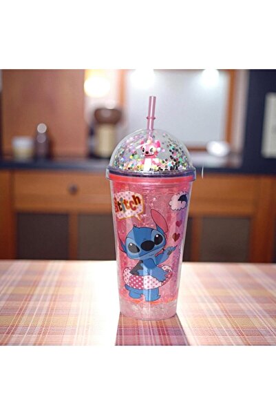 Kuzey Tacı Sevimli Stitch ve Angel Simli Buz Hazneli Pipetli Bardak Suluk Vip