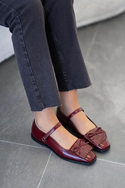 Parponi Tim Women's Genuine Leather Wrinkled Patent Leather Ballerinas Burgundy