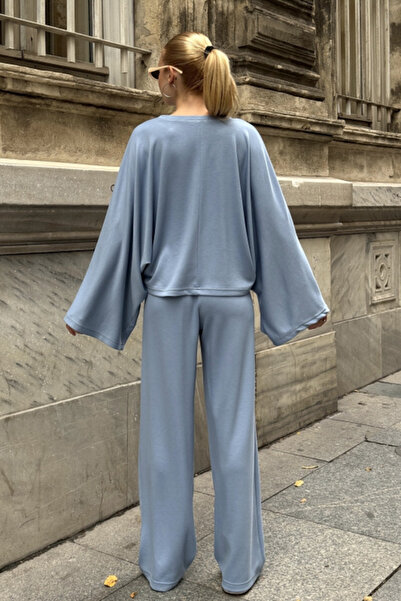 Chiccy Light Blue Pool Collar Wide Sleeve Elastic Waist Wide Leg Oversized Knitted Bottom Top Set 65-105 65-68