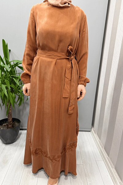 MissWhence Embroidery and Zipper Detailed Cupra Silk Dress Cinnamon 37800