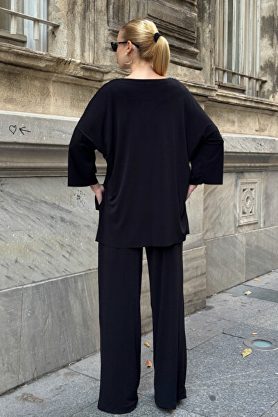 Chiccy Black Boat Neck 3/4 Sleeve Pocketed Elastic Waist Wide Leg Oversized Knitted Bottom Top Set 70-105 65-68