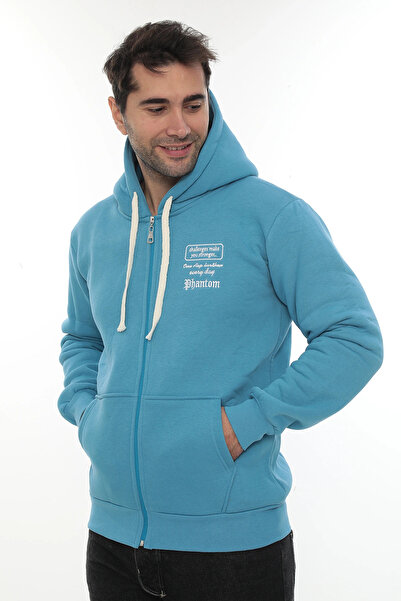PHANTOM JEANS Men's Turquoise Standard Fit Regular Cut Full Zippered Hooded Cotton Sweatshirt with Fleece Inside