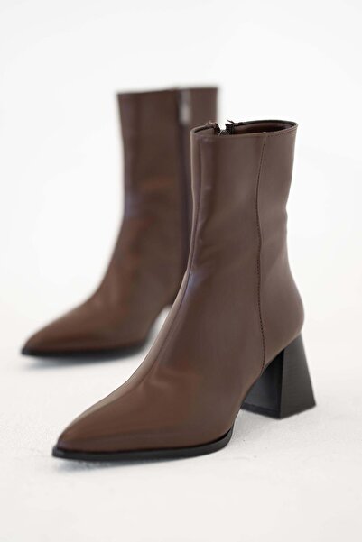 Parponi Olai Women's Leather Thick Heeled Pointed Boots Brown