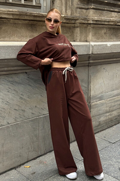 Chiccy Brown Round Neck Long Sleeve Printed Elastic Waist Two Thread Knitted Bottoming Top Suit 70-105 65-68