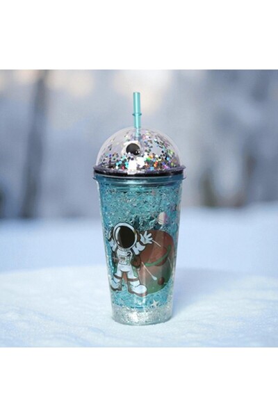 Kuzey Tacı Çocuklar İçin Simli Buz Hazneli Uzay Macerası Pipetli Suluk Bardak...