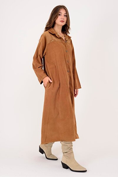 Park Moda 11429 ROCHIE DE CATIFELĂ CU DETALII DE PIELE DE CĂPĂTĂ CU FLORI LOVA