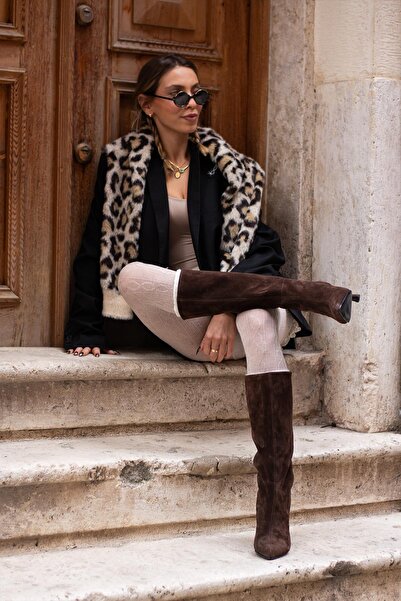 FSKOMBİN Bino Brown Suede Genuine Leather Women's Heeled Boots