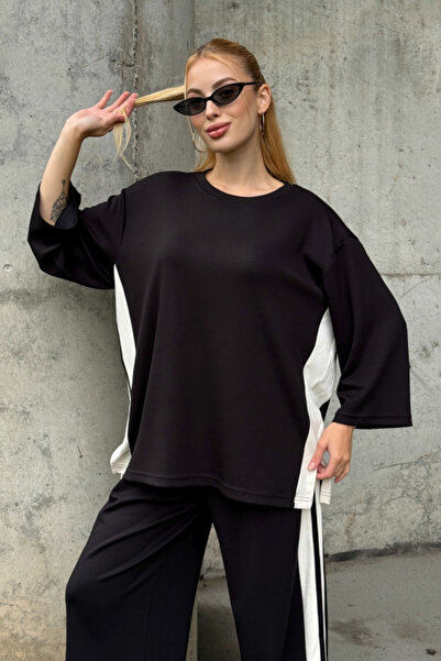 Chiccy Black-White Pool Neck Wide Sleeve Slit Side Striped Oversized Knitted Bottom Top Set 70-105 65-68