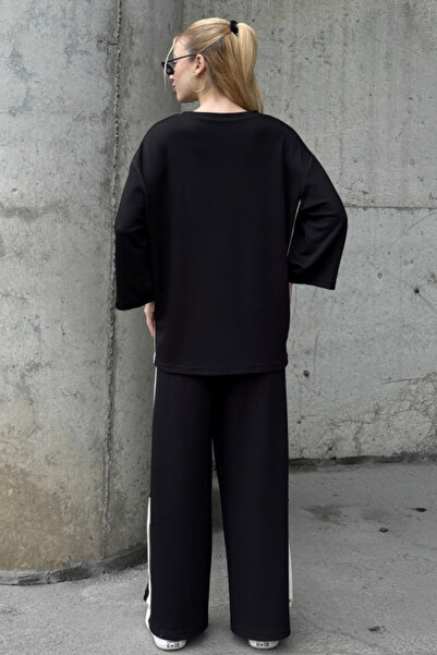 Chiccy Black-White Pool Neck Wide Sleeve Slit Side Striped Oversized Knitted Bottom Top Set 70-105 65-68