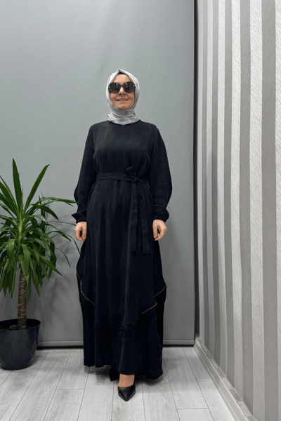 MissWhence Embroidery and Zipper Detailed Cupra Silk Dress Black 37800