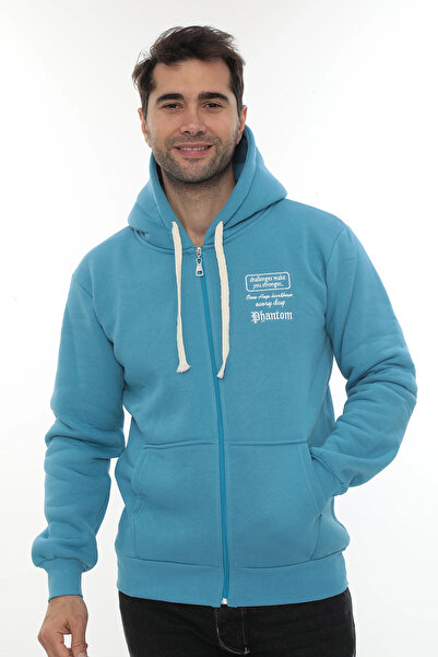 PHANTOM JEANS Men's Turquoise Standard Fit Regular Cut Full Zippered Hooded Cotton Sweatshirt with Fleece Inside