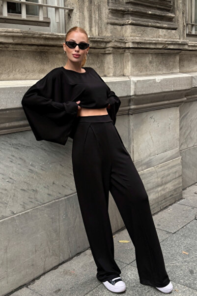 Chiccy Black Pool Collar Wide Sleeve Elastic Waist Wide Leg Casual Oversized Knitted Bottom Top Set 65-105 65-68