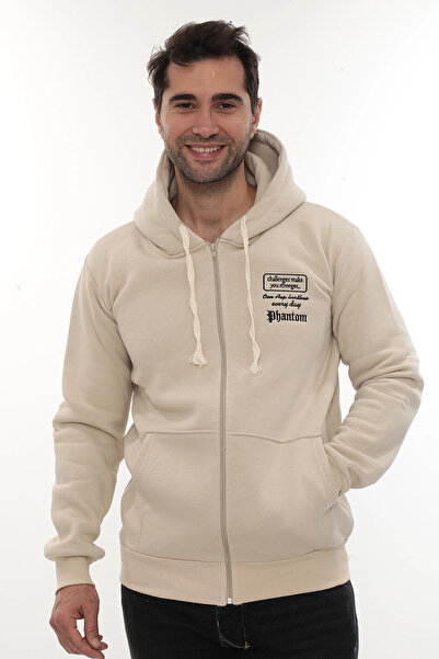PHANTOM JEANS Ανδρικό φούτερ με φερμουάρ, μπεζ, κανονική εφαρμογή, κανονική εφαρμογή, με φλις εσωτερικά, με κουκούλα βαμβακερό φούτερ