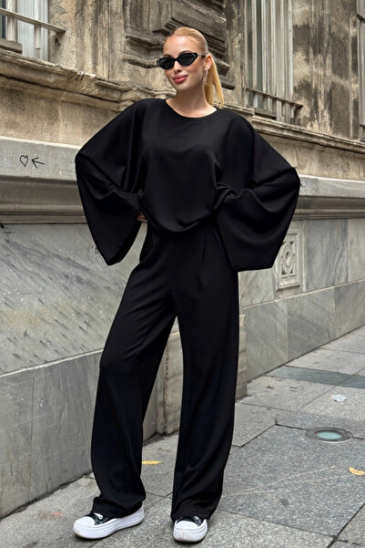 Chiccy Black Pool Collar Wide Sleeve Elastic Waist Wide Leg Casual Oversized Knitted Bottom Top Set 65-105 65-68