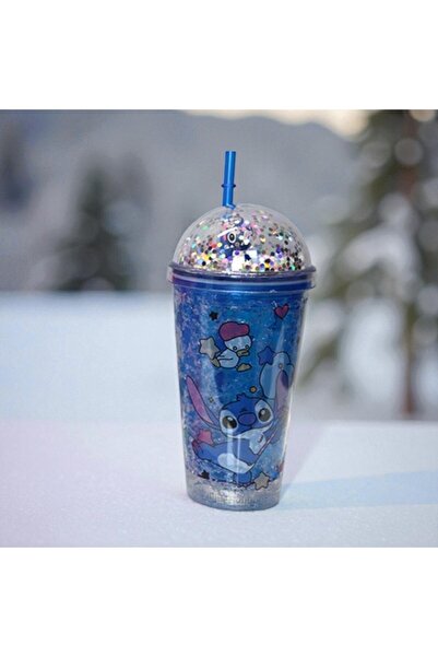 Kuzey Tacı Sevimli Stitch ve Angel Simli Buz Hazneli Pipetli Bardak Suluk Vip