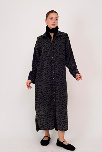 Park Moda 20119 ROCHIE CĂMĂȘĂ DIN CATIFELĂ CU MODEL LEOPARD LOVA