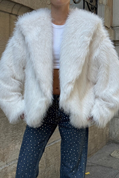 Chiccy Ecru Hooded Long Sleeve Pocket Casual Artificial Fur Oversized Woven Coat 65 65