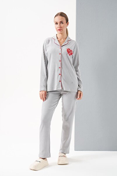 Relax Mode Kadın Gri Düğmeli Pijama Takımı - 28064R