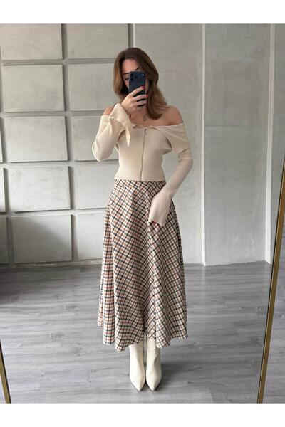 Coral Ekose Desenli Midi Etek De251112 Bej