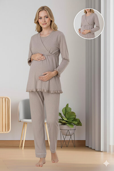 Lohussa Γυναικείο Σετ Πιτζάμες Μητρότητας Μπεζ Μακρυμάνικο διπλό πέτο Κολάρο ...