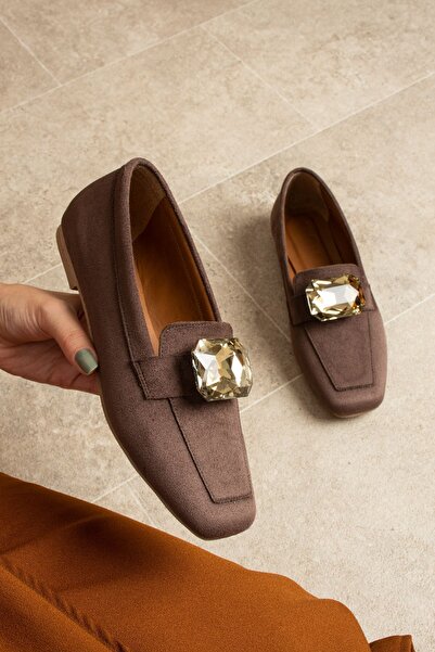dabab shoes Lira Brown Stone Detailed Suede Women's Loafer