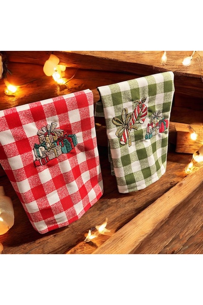 Rachel Christmas Themed Linen Red-Green 2-Piece Dishcloth & Towel Set