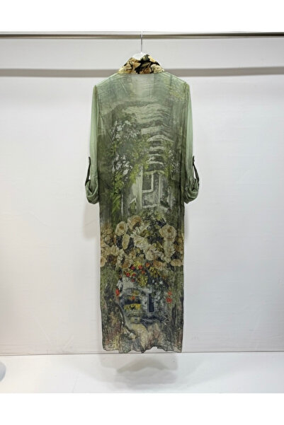 della moor Khaki Italian Floral Patterned 3/4 Sleeve Lined Silk Shirt Dress