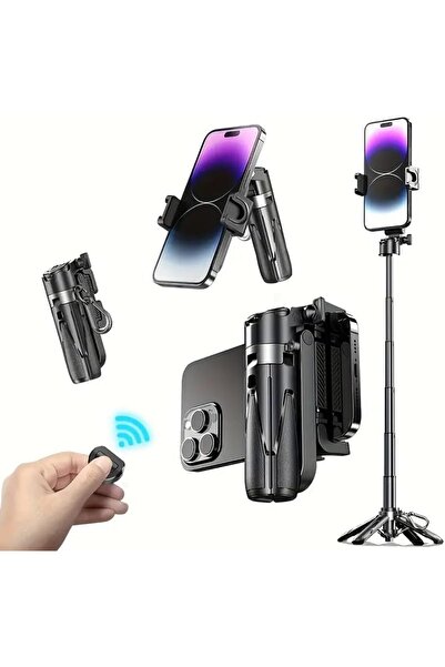 Generic P15 Mini Grip Quadripod Selfie Stick Tripod with Phone Mount & Wireless Remote (Black)