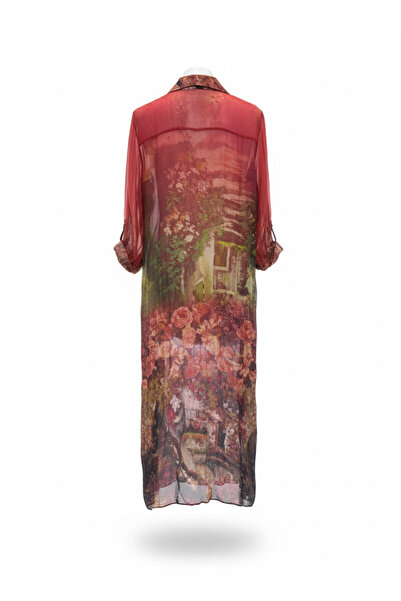 della moor Red Italian Floral Patterned 3/4 Sleeve Lined Silk Shirt Dress