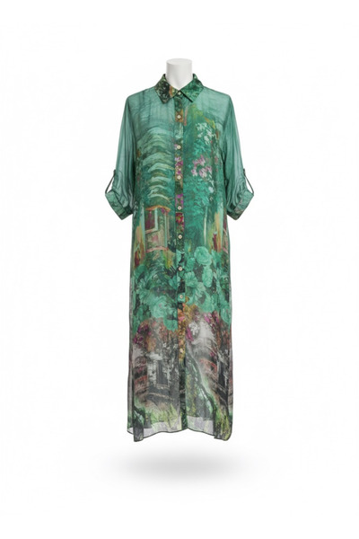 della moor Green Italian Floral Patterned 3/4 Sleeve Lined Silk Shirt Dress