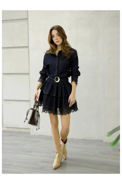 Coral Eteği Tül Dentelli Kot Elbise 35524 Lacivert