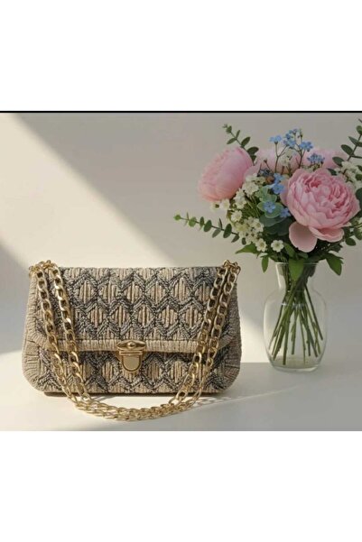 Mekikçi Kutnu El İşi Pamuk İpliği Dokuma Örgü Orta Boy Astarlı Kanvas Çanta