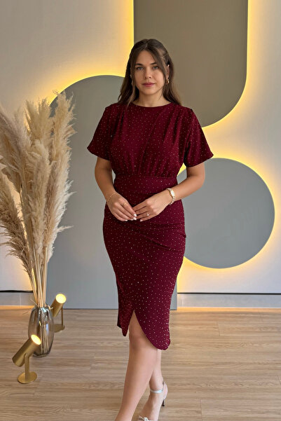 Aventien Draped Stoned Burgundy Midi Dress