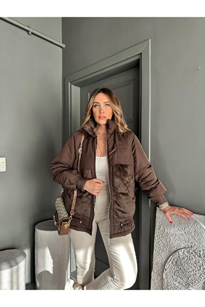 Zerrincan Giyim Kahve Kürklü Büzgülü Mont