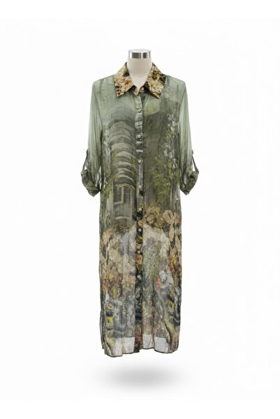 della moor Khaki Italian Floral Patterned 3/4 Sleeve Lined Silk Shirt Dress